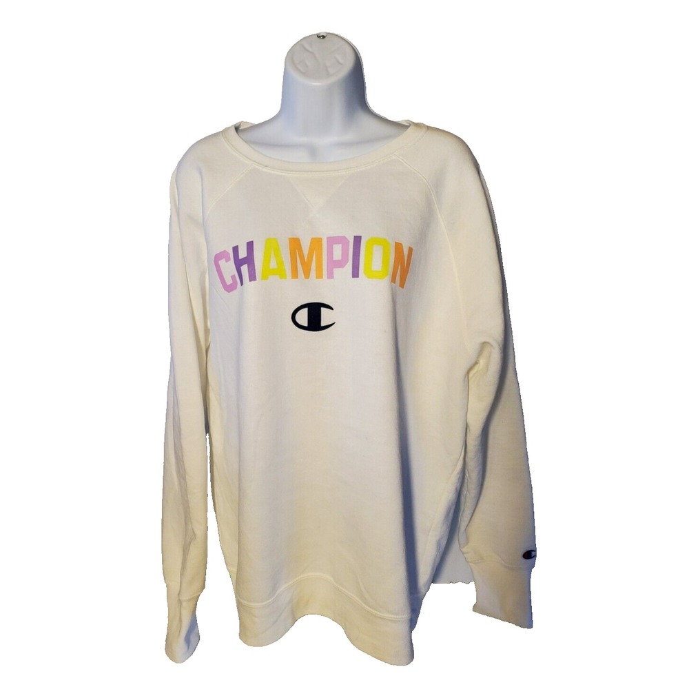 Champion Sweatshirt Women XL White Spell‎ Out Crew Neck Fleece Sweater